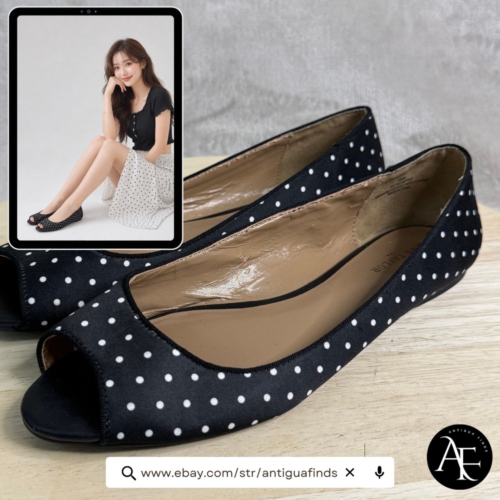 Ann‎ Taylor Womens Black Polka Dot Peep Toe Ballet Flats Size 9.5 M